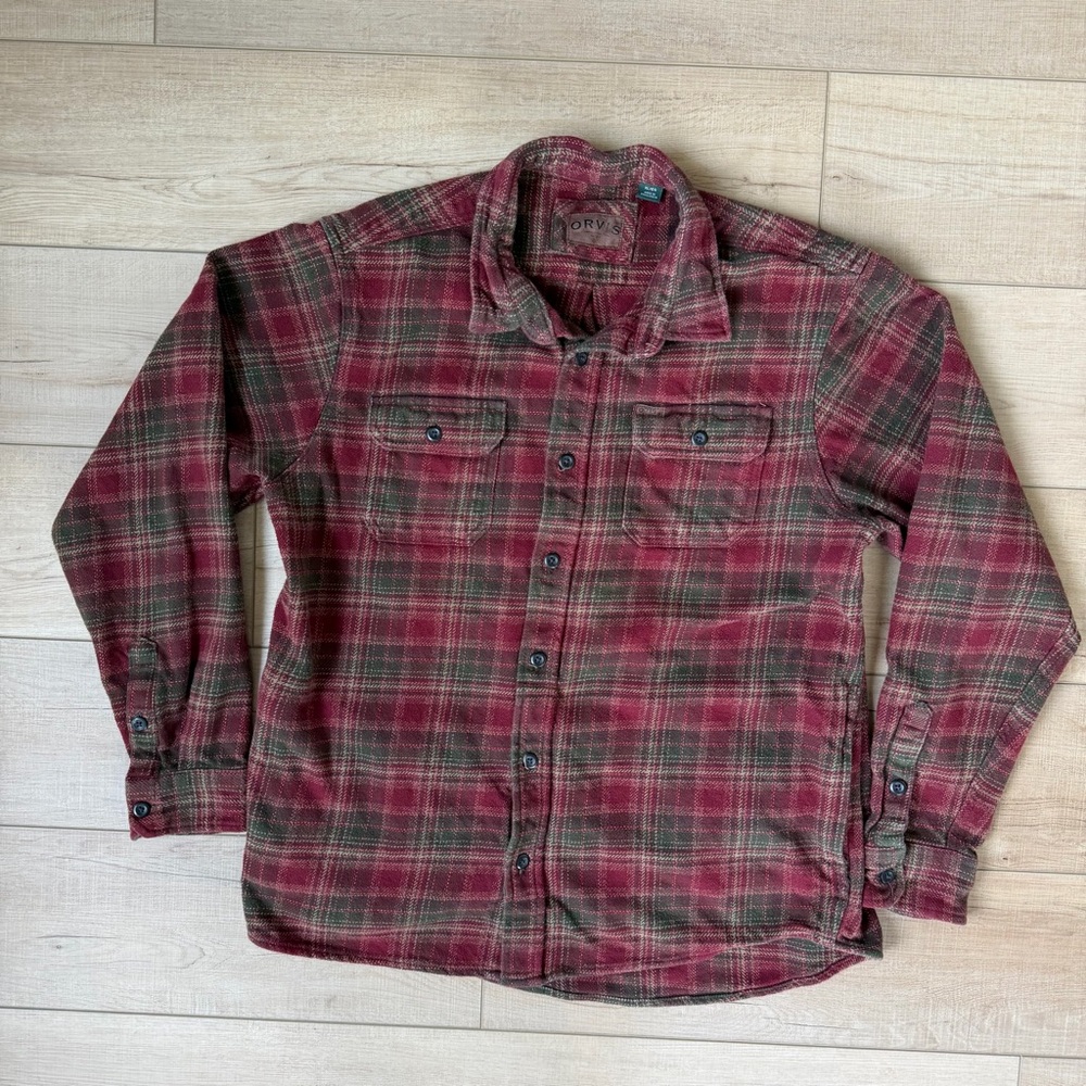 Orvis Button Up Flannel Shirt Mens XL Red /Green Plaid Heavyweight Long Sleeve
